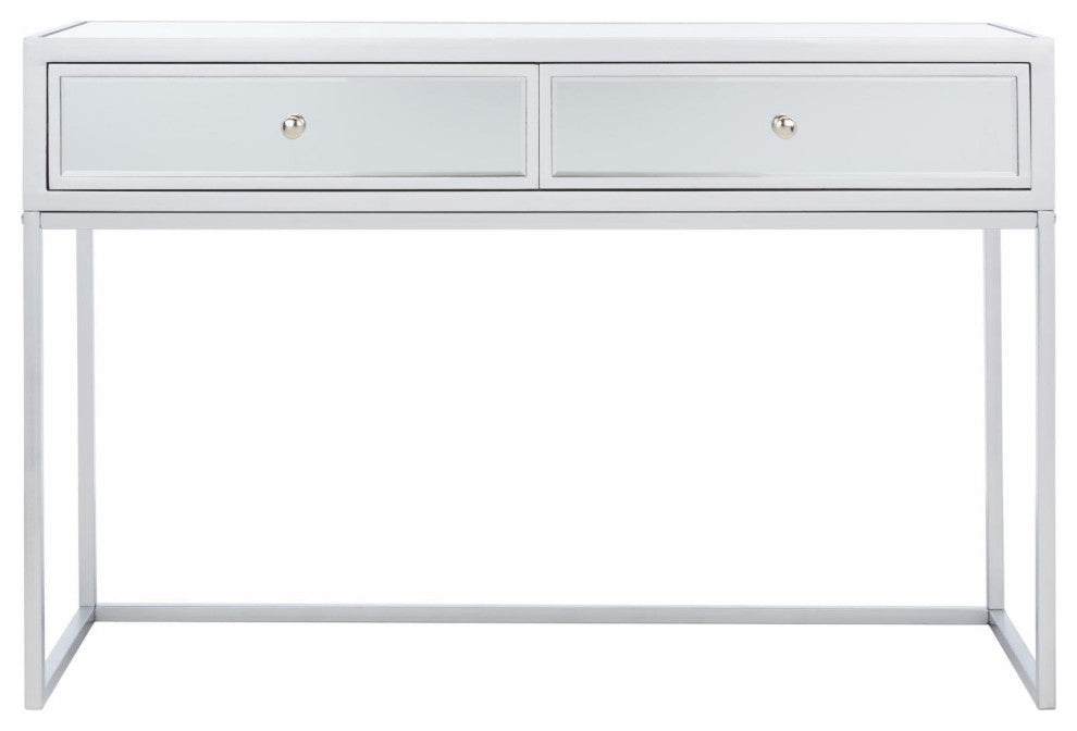 Elegant Modern Desk, Glam Mirrored Design With 2 Storage Drawers & Round Knobs