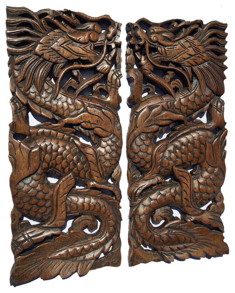 Lucky Dragon Carved Wood Wall Art Decor, Chinese Home Decor, Set of 2, Brown