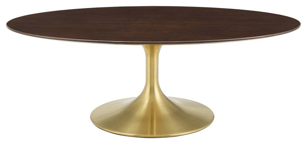 Coffee Table, Oval, Wood, Metal, Gold Dark Brown Brown Walnut, Modern, Lounge