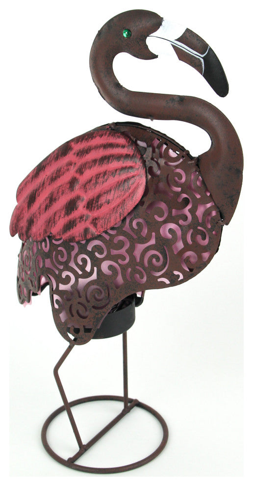 Pink Flamingo Metal Art Filigree LED Lighted Solar Garden Statue