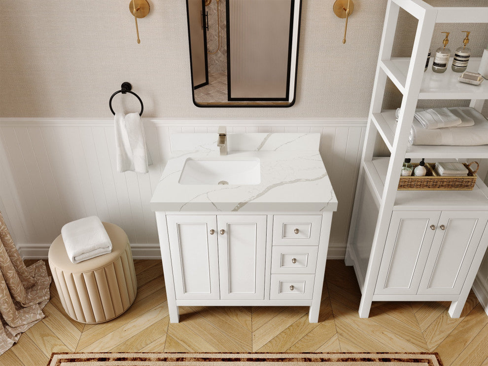 Nashville 36" Left Offset Bath Vanity, White 2" Calacatta Laza