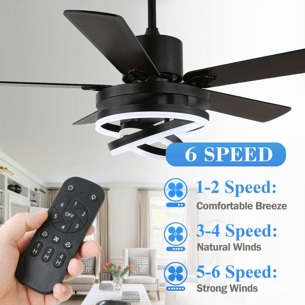 52" Modern Ceiling Fan with Dimmable Light and Remote Control, 6-Speed, Black, 52