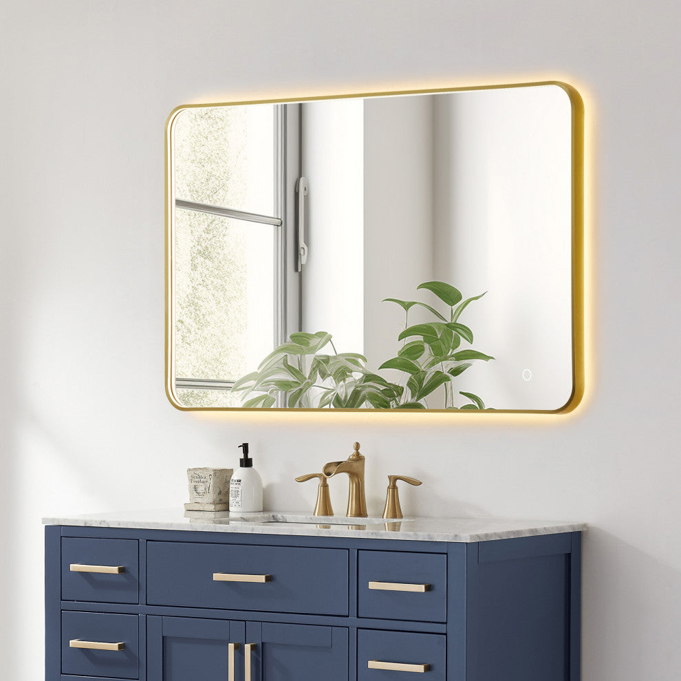 Dazzle Rectangular Bathroom/Vanity LED Lighted Wall Mirror, Brushed Gold, 48"