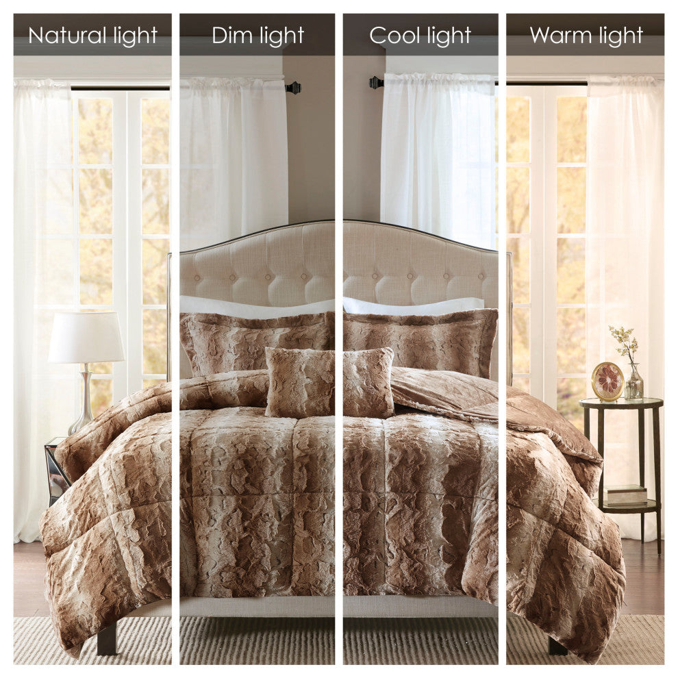 Madison Park Zuri Long Faux Fur 4-Piece Comforter Set, Tan, King