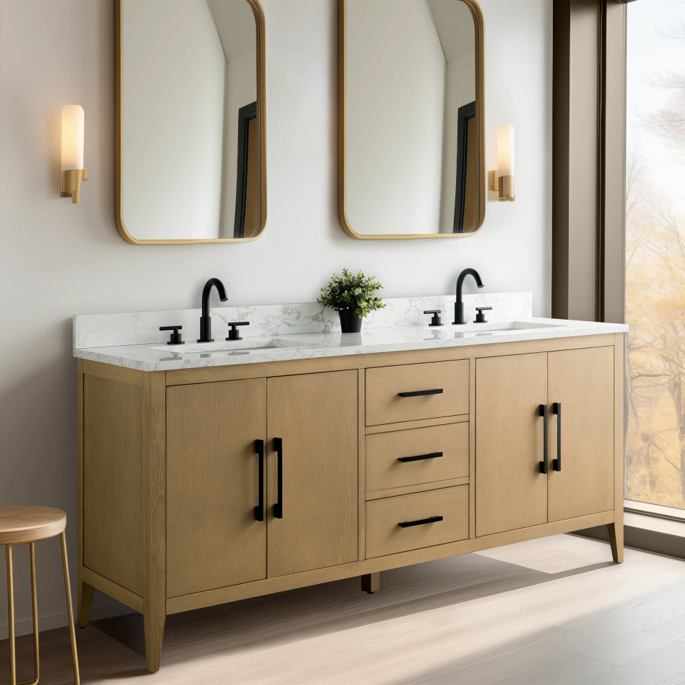 Vanity Art Bathroom Vanity With Sink, Natural Oak, 72", Double Sink, Matte Black