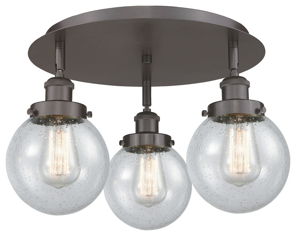 Beacon-3 Light 18" Flush Mount-Oil Rubbed Bronze, Seedy Glass Shade