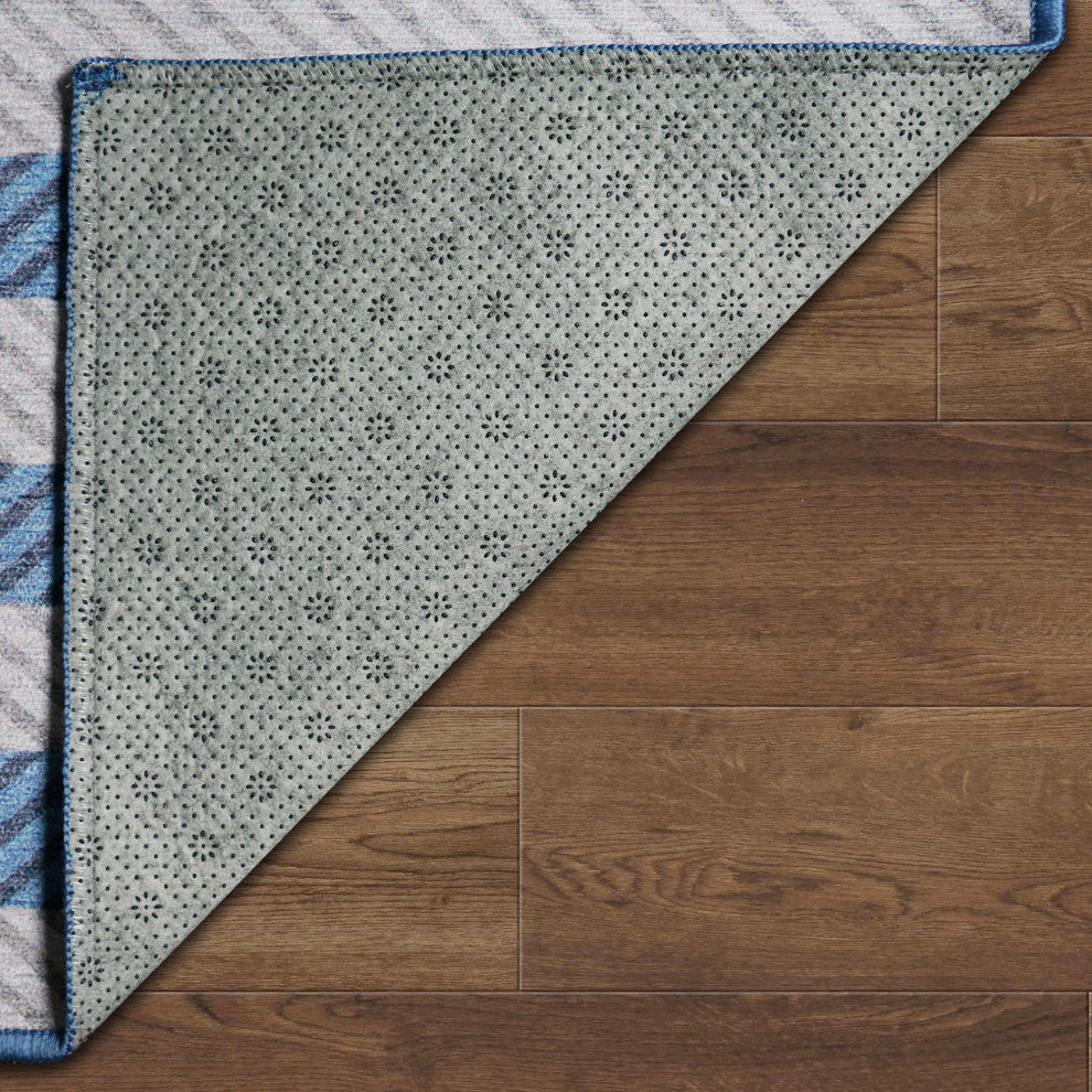 My Magic Carpet Washable Rug Tratti Offset Stripe Blue, 5' X 7'