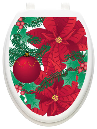 Poinsettia Toilet Tattoos Seat Cover, Vinyl Lid Decal, Holiday Bathroom Decor, Elongated