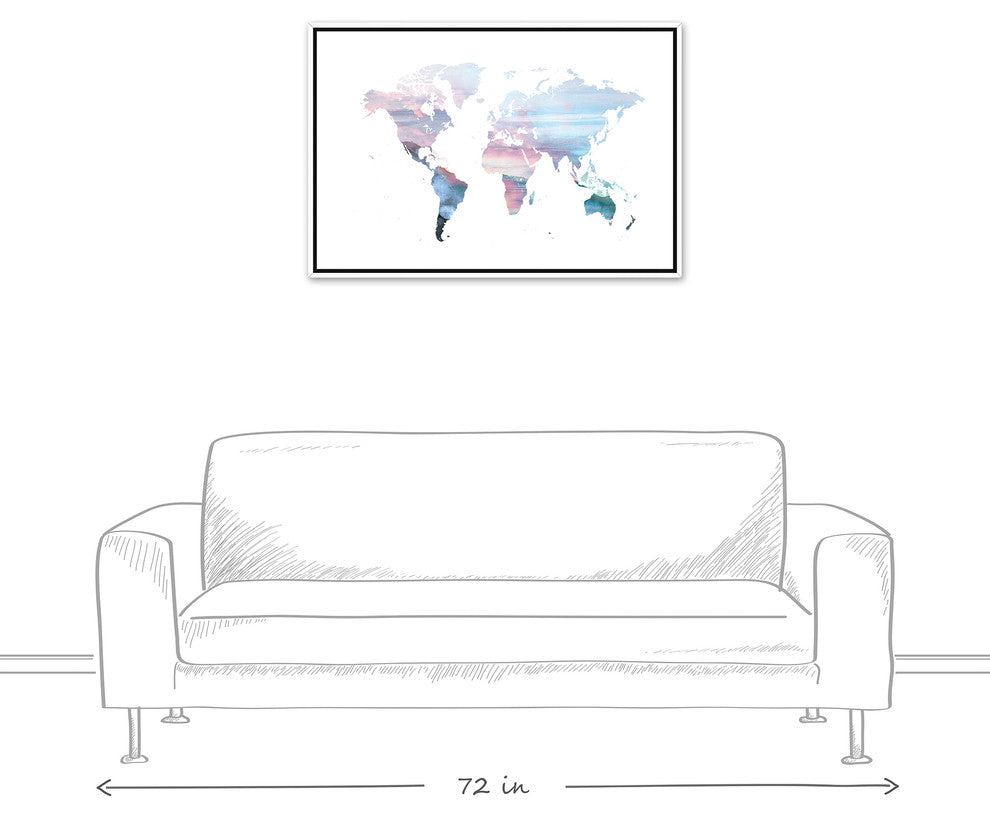 Pastel World Map 24x36 White Floating Framed Canvas