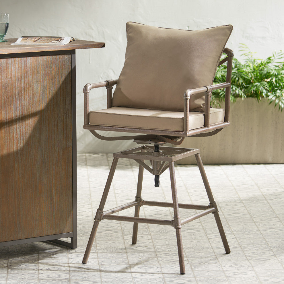 GDF Studio Tallahassee Pipe Outdoor Adjustable Barstool, Gray and Brass