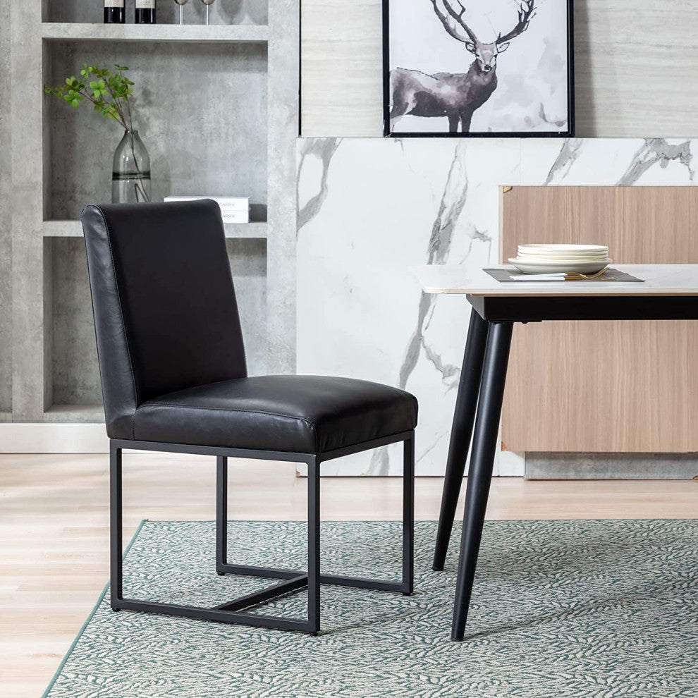 Modern Dining Chairs Set of 2, Leather Upholstered Armless with Black Base