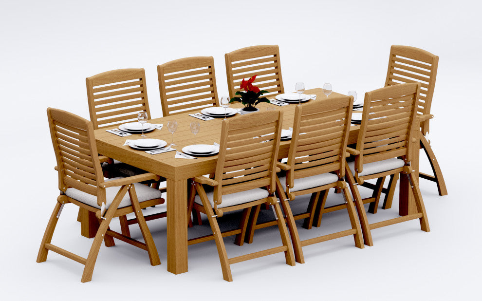 9-Piece Outdoor Teak Dining Set: 86" Rectangle Table, 8 Ashley Folding Arm Chair