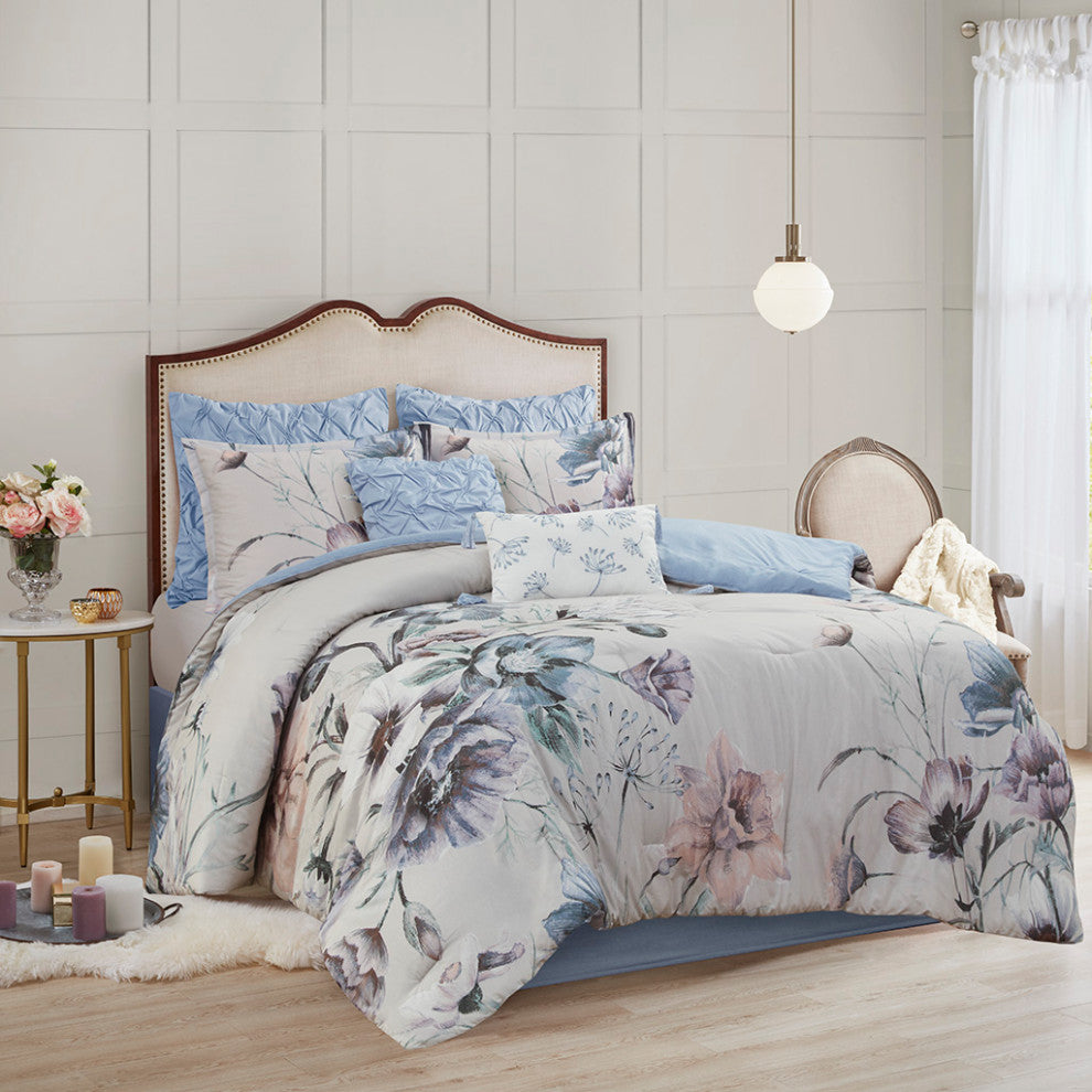 Madison Park Cassandra Shabby Chic Floral Cotton Comforter Set, Blue