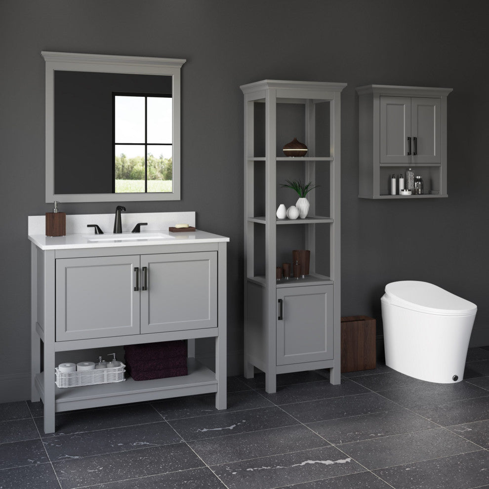 Framed Wall Mounted Bathroom Mirror, Gray;, 32" X 32"