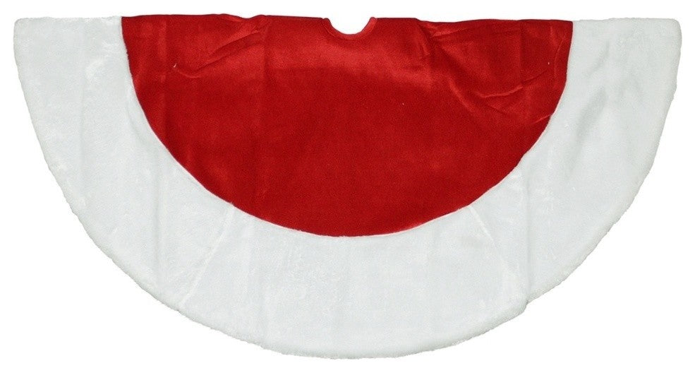 48" Red and White Velveteen Christmas Tree Skirt With White Trim