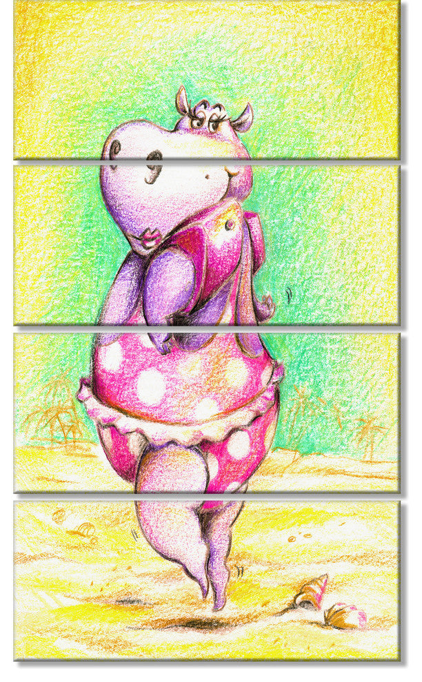 Cute Hippo Goes Swimming, Abstract Canvas Art Print, 28"x48", 4 Panels