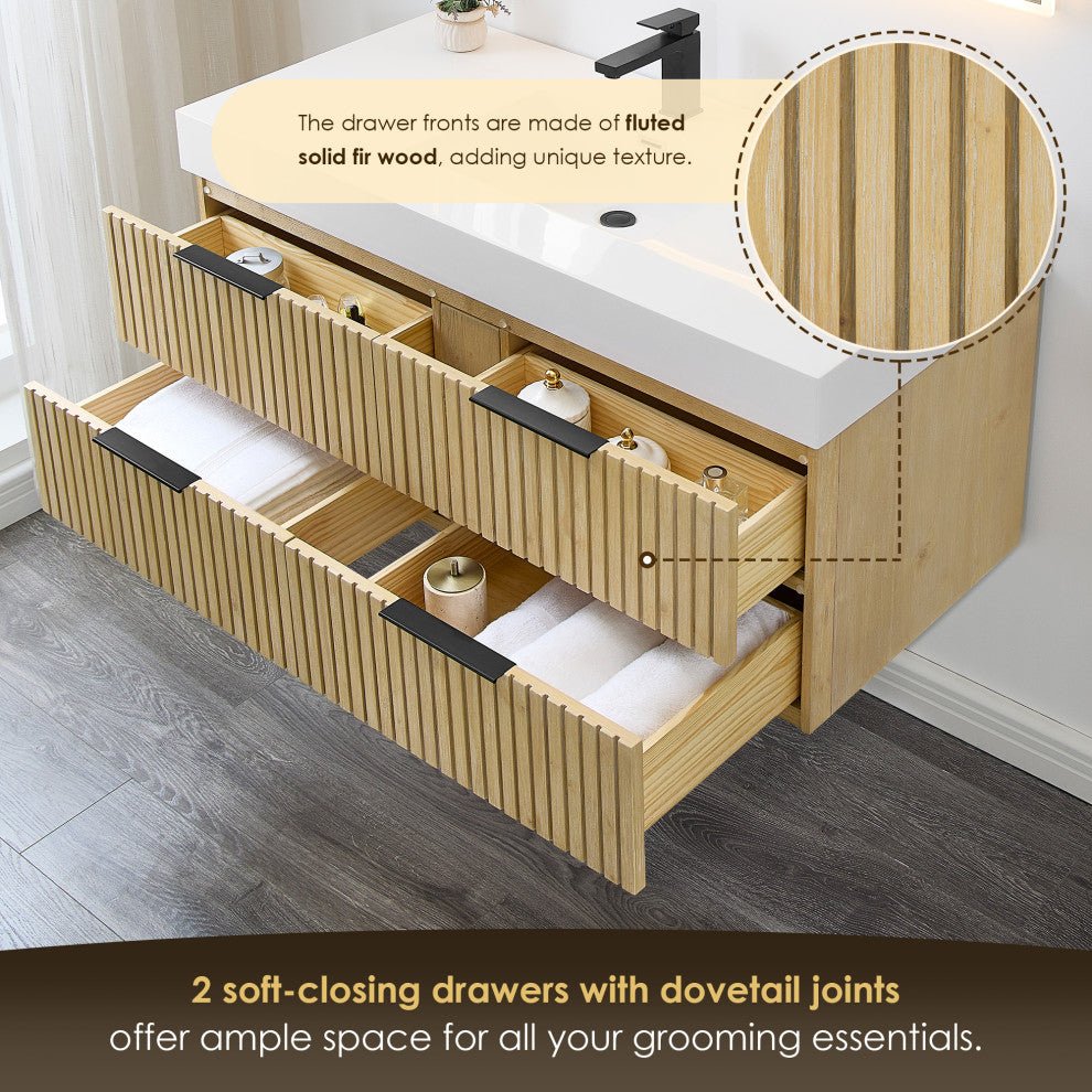 Livia Wall-mounted Bathroom Vanity, Nature Brown, 48inch, No Mirror