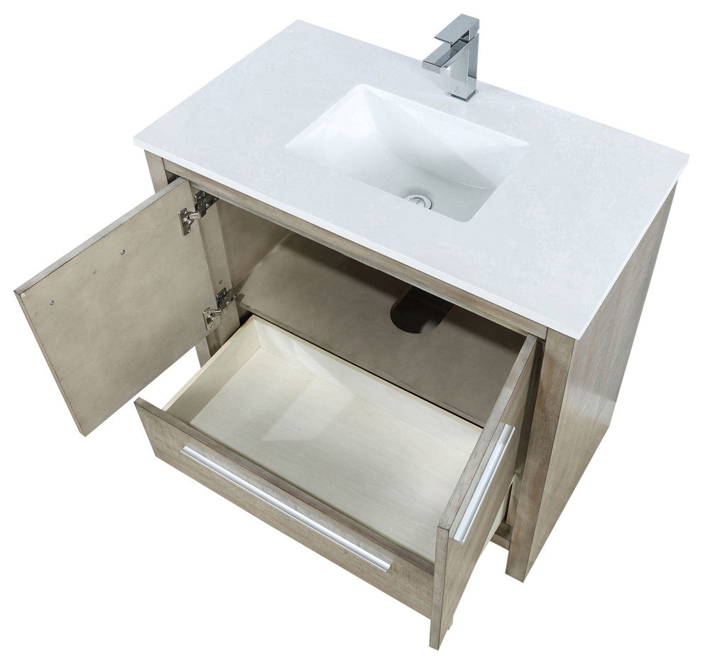 Lafarre 36 Rustic Acacia Vanity, White Quartz Top, Sink, Gun Metal Faucet Set