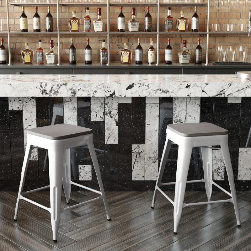 Kai Commercial Grade 24" High Metal Indoor-Outdoor Counter Height Stool, White/Gray