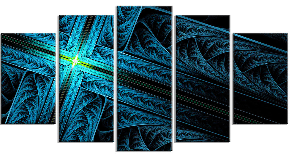 Turquoise Fractal Cross Design, Contemporary Canvas Art Print, 60"x32", 5 Panels