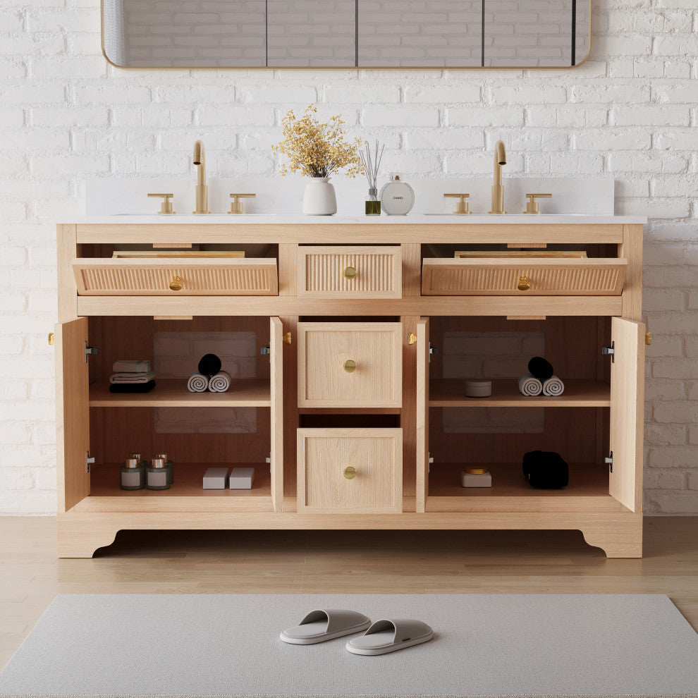Solid Wood Bathroom Vanity with Carrara White Quartz Top, CUPC-certified Sink, 60"