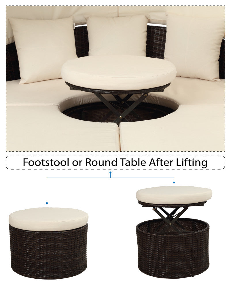 Round Outdoor Sectional Sofa Set Rattan Patio Daybed With Canopy, Beige