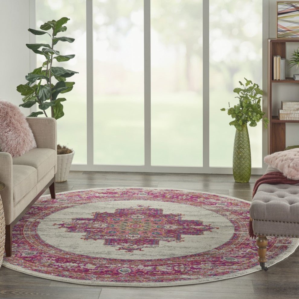 8 Round Ivory and Fuchsia Distressed Area Rug