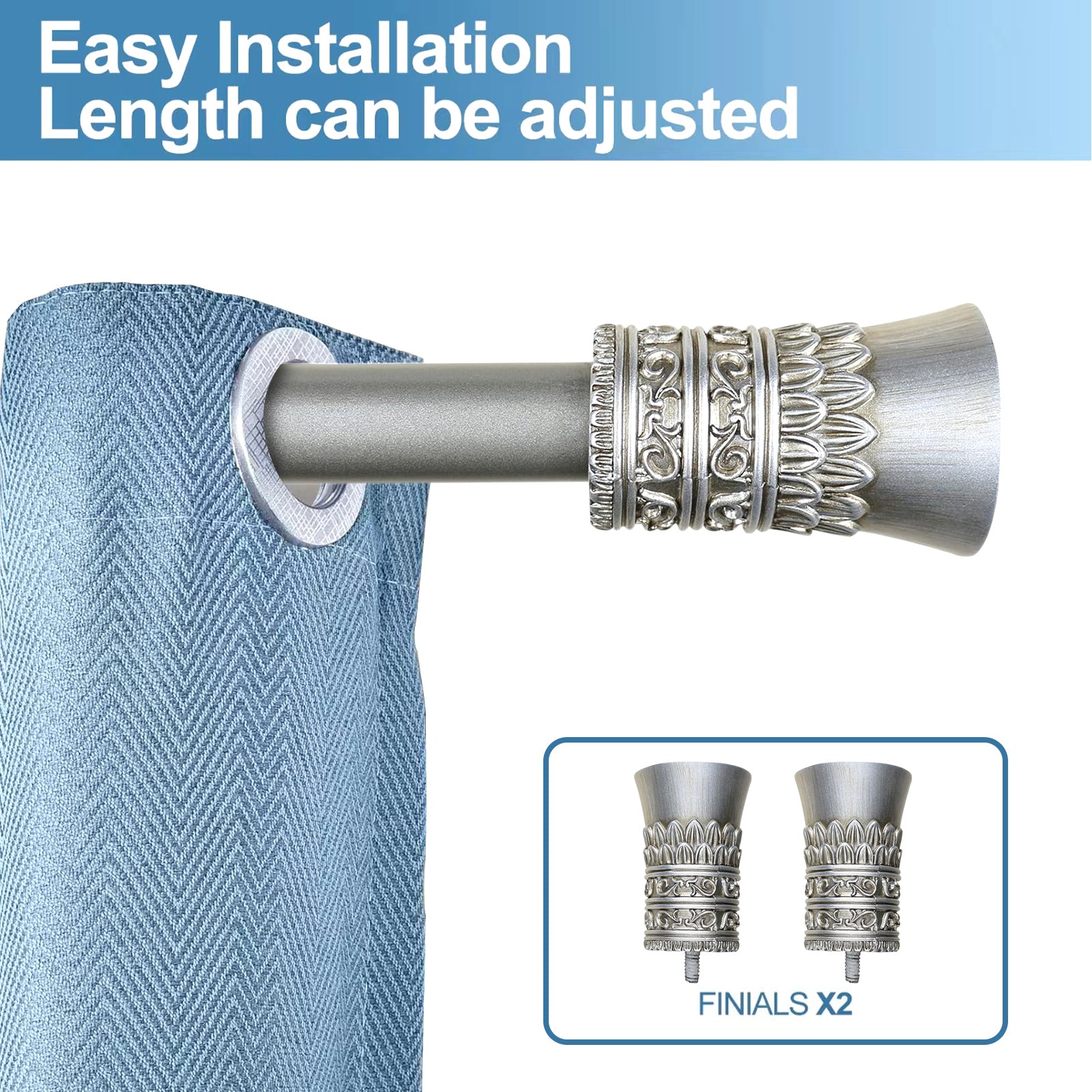 1" Diameter Tribale Curtain Rod, 84"-120", Pewter