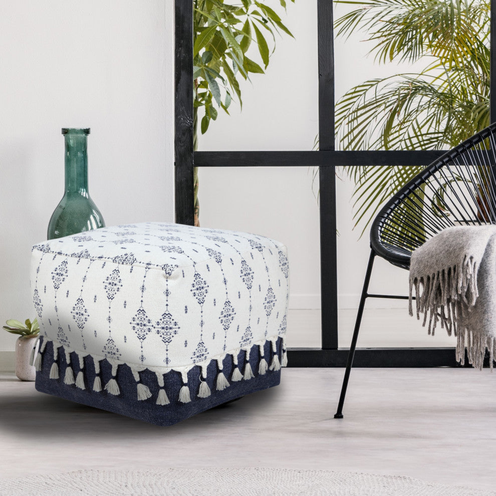 Navy and Ivory Scandinavian Ornamental Motif Pouf Ottoman