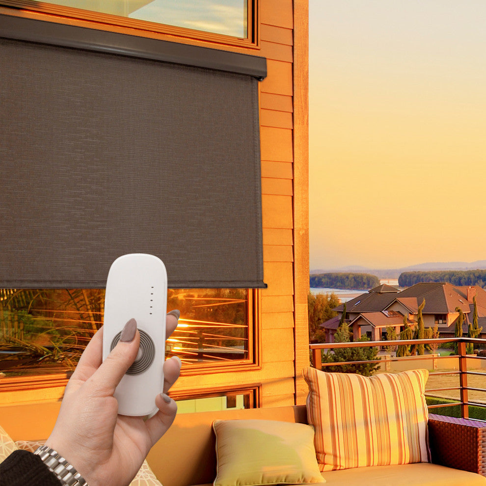 Outdoor Valanced Remote Control Operated Sunshade, Pearl Fabric, Obsidian, 72x96