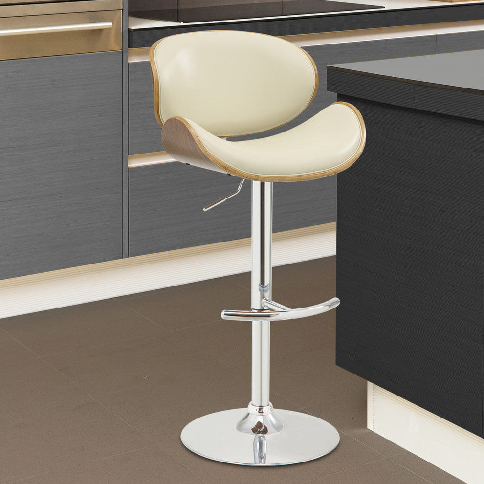Donadio Swivel Barstool, Chrome With Cream Faux Leather & Walnut Veneer Back