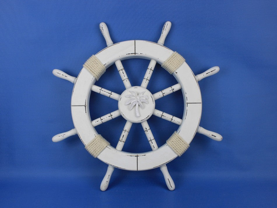 Rustic White Ship Wheel with Palm Tree 18'''', Palm Tree Decoration