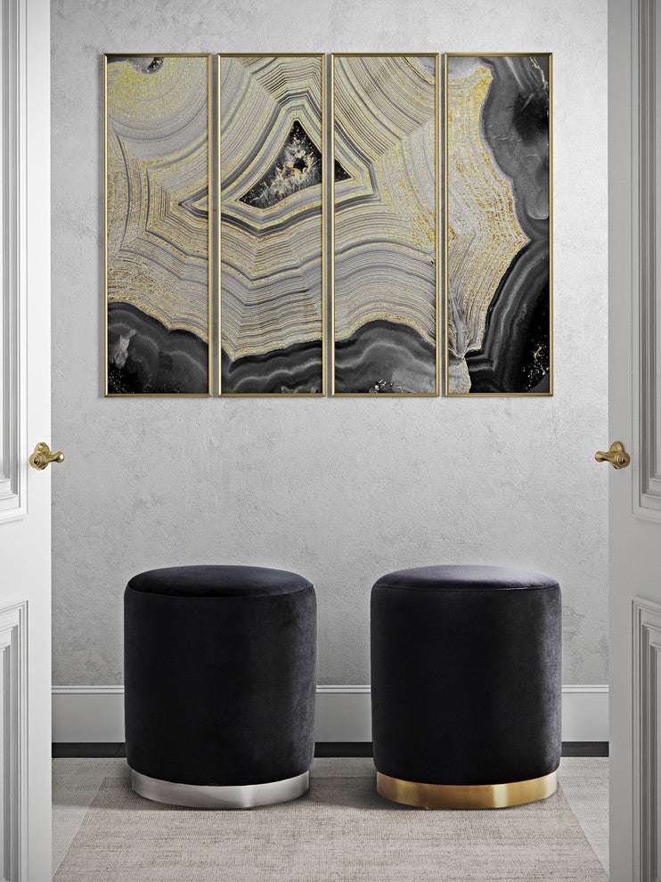 Opal Black Velvet Ottoman -Silver Base - Black
