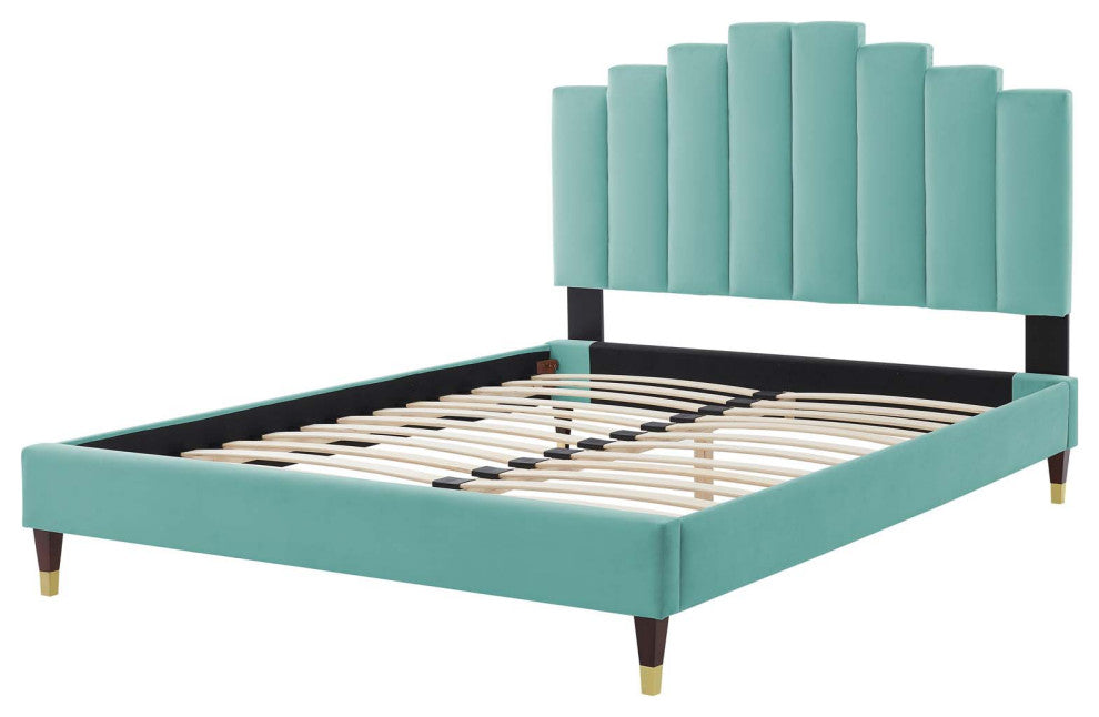 Platform Bed Frame, Twin Size, Velvet, Blue, Modern Contemporary, Bedroom Master