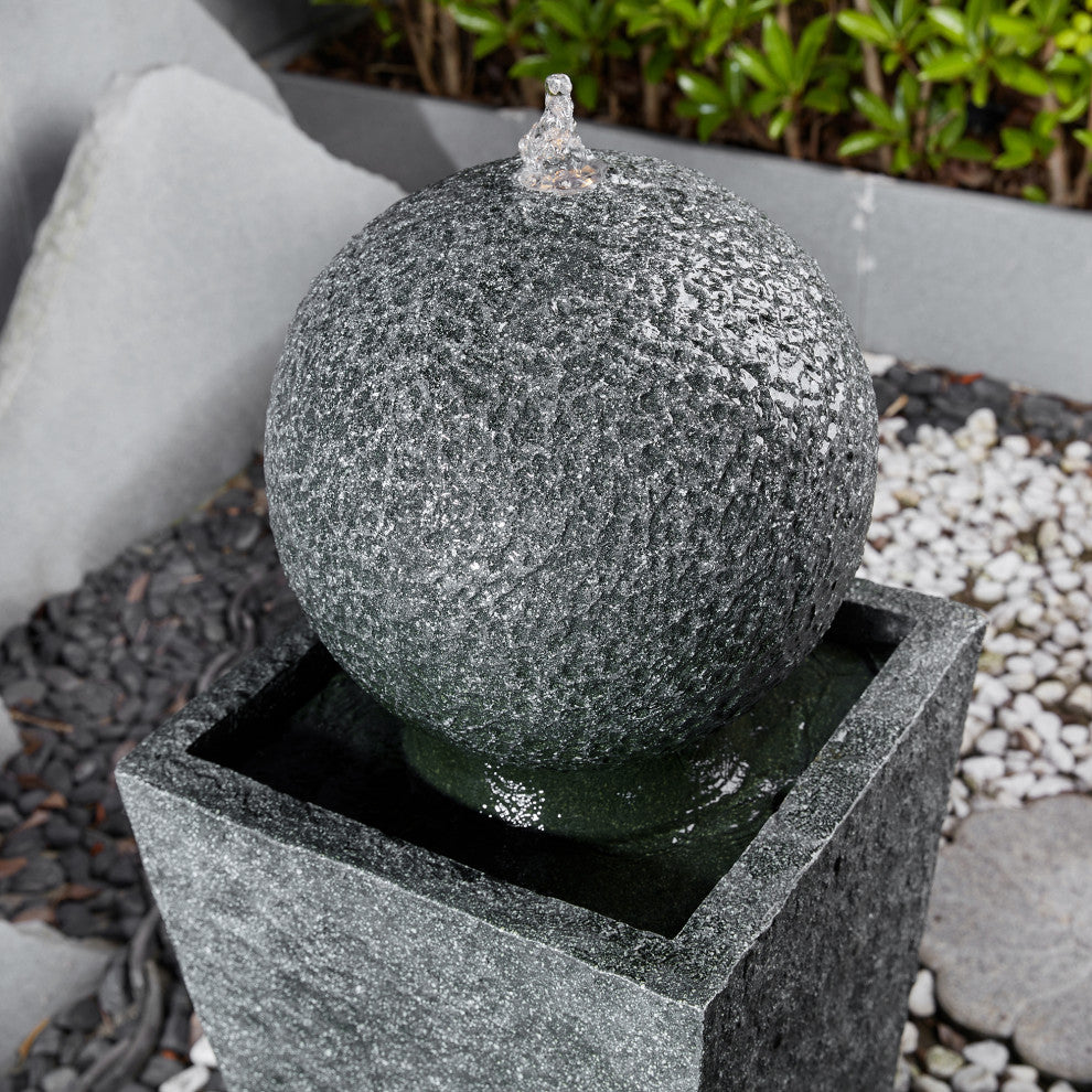 Geometric Pedestal and Sphere Polyresin Outdoor Fountain With LED Light and Pump