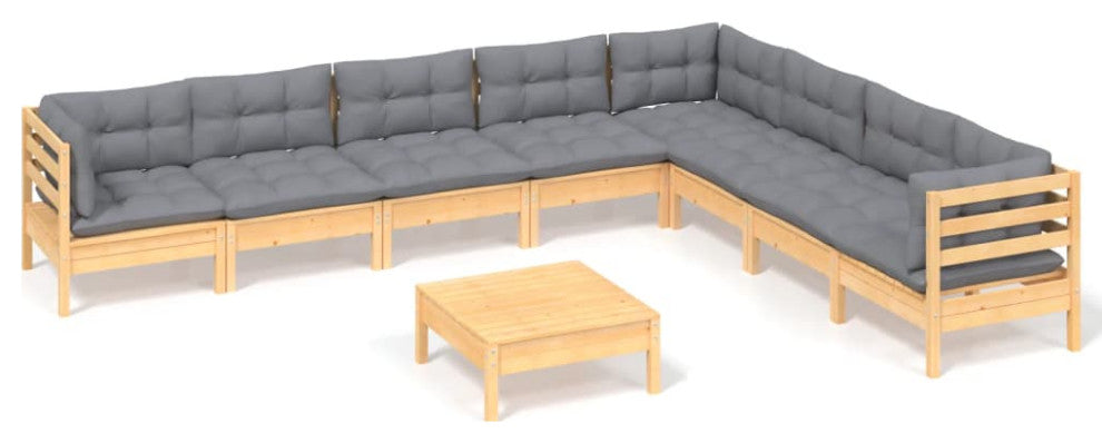 vidaXL Solid Pinewood Patio Lounge Set 9 Piece with Gray Cushions Garden Sofa
