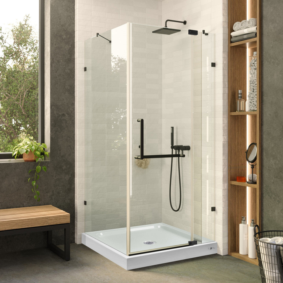 Shower Enclosure Hinged Frameless Tempered Glass, Black, 36"