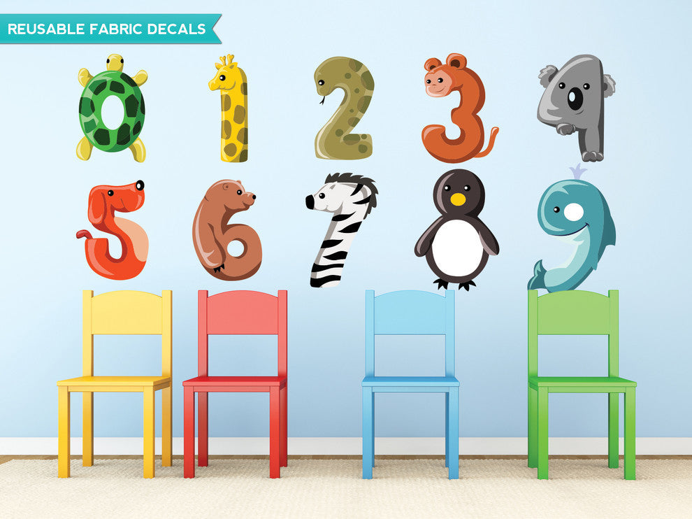 Animal Numbers Fabric Wall Decals, Set Includes 0 to 9, Size Medium