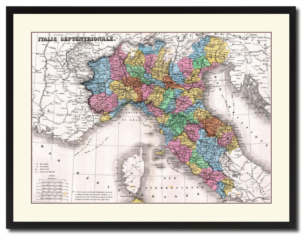 North Italy Vintage Map Print On Canvas With Picture Frame 28" X 37"