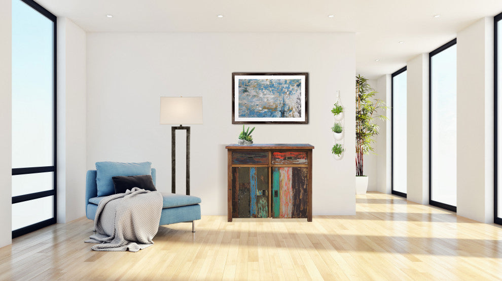 Marina Del Rey Recycled Teak Wood Linen Cabinet, 2 doors and 2 drawers