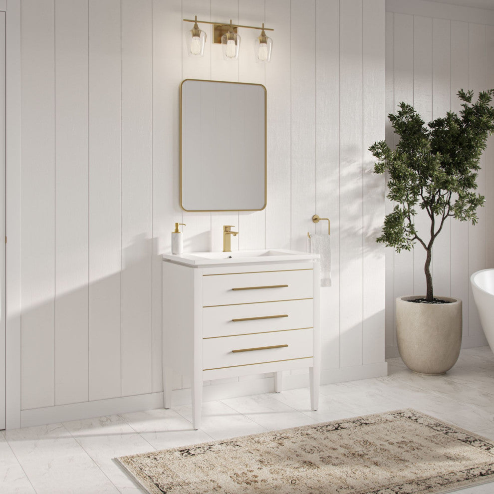 Celios Bathroom Vanity, White With Brass Trim, 30", Single Sink, Freestanding