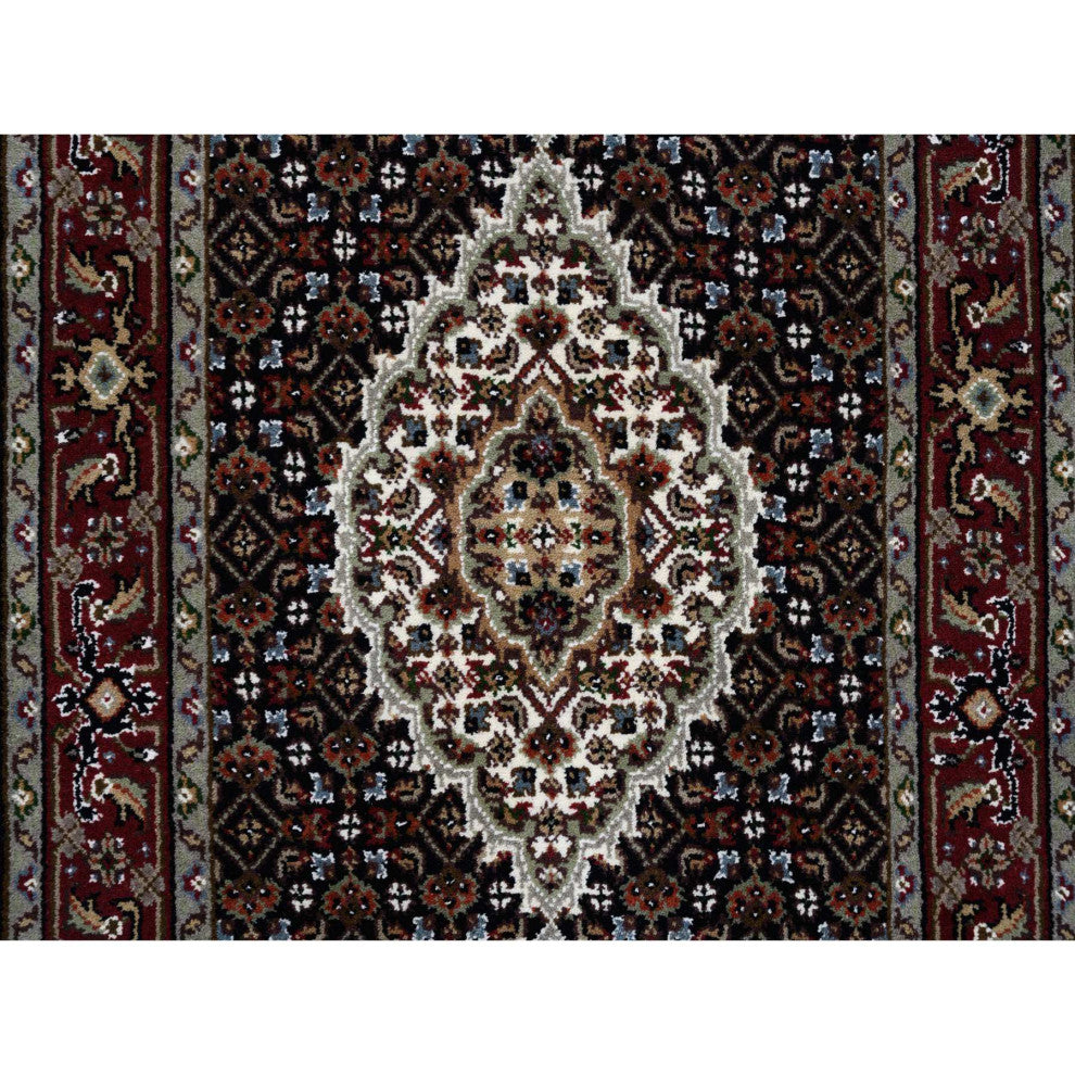 Rich Black Hand Knotted Soft Wool and Silk Runner Oriental Rug, 2'4"x27'1"