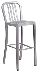 Commercial 30"High Silver Metal Indoor-Outdoor Barstool, Vertical Slat Back
