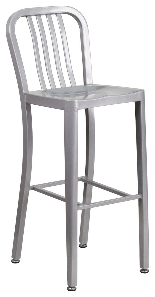 Commercial 30"High Silver Metal Indoor-Outdoor Barstool, Vertical Slat Back