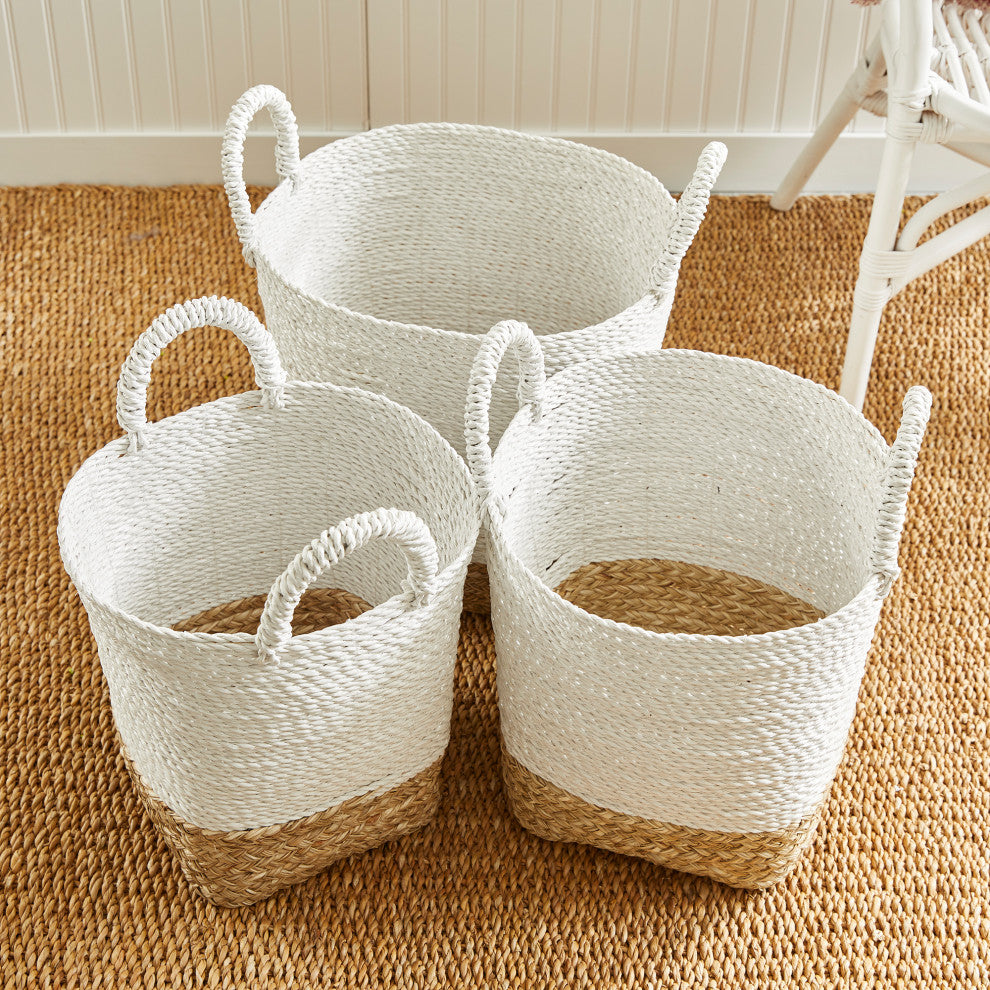 Set of 3 Contemporary Casual Natural White Round Tote Baskets Handles Large