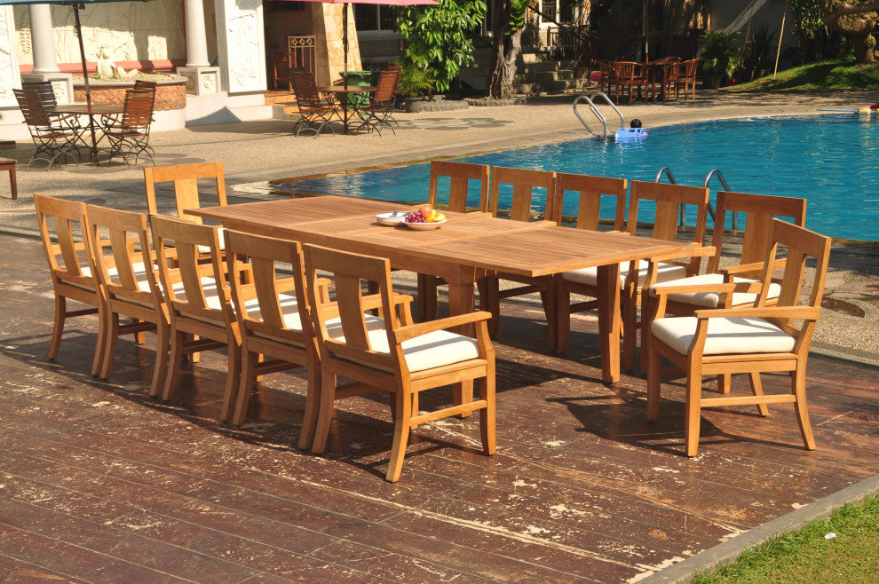 13-Piece Outdoor Teak Dining Set: 122" Extn Rectangle Table, 12 Osbo Arm Chairs