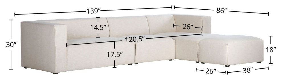 Premium Upholstered Sectional With Ottoman, Beige, Right Arm Facing