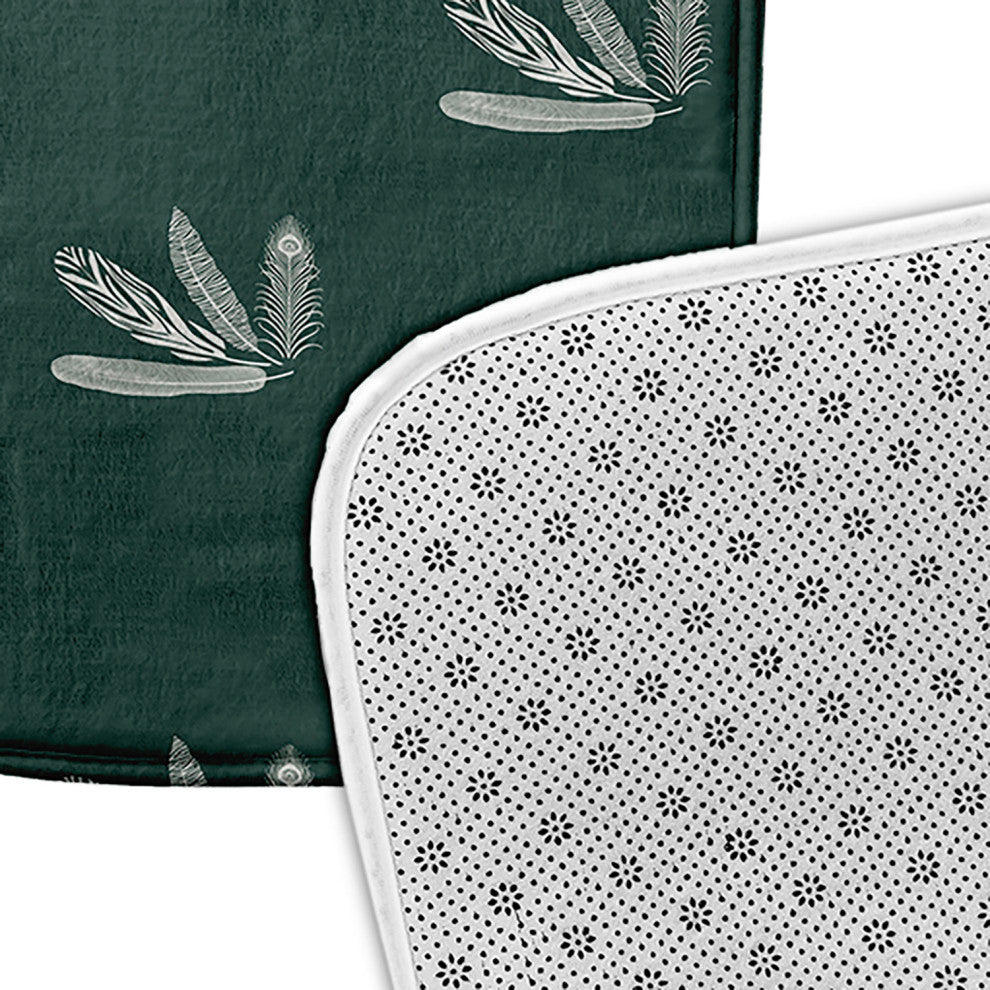 Green Rectangular Feather Pattern Pet Feeding Mat for Dogs or Cats