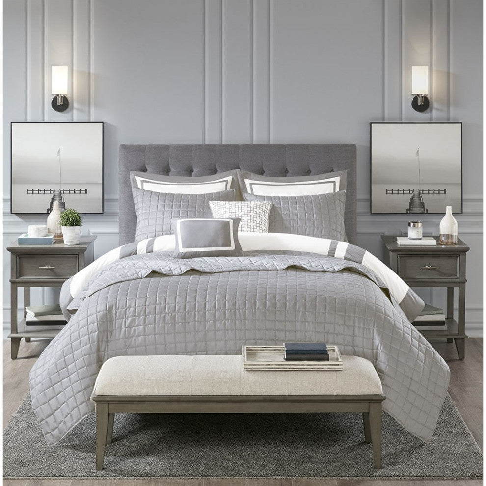 Madison Park Heritage 8 Piece Comforter and Quilt Set Collection, Grey