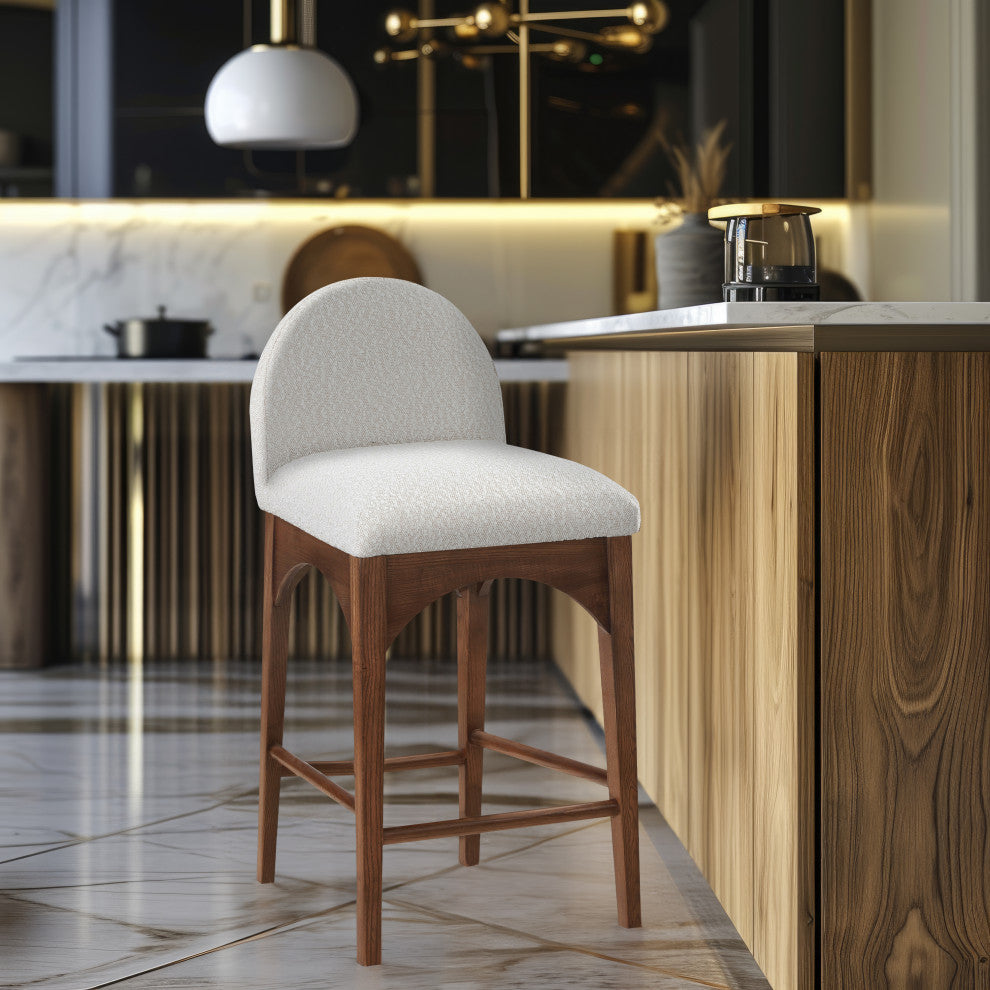 Waldorf Chenille Upholstered Stool, Black, Chenille, Natural Finish, Cream, Boucle Fabric, Walnut Finish